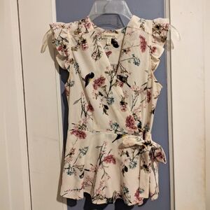 Floral & Bird Print Wrap Shirt with Ruffle Sleeves